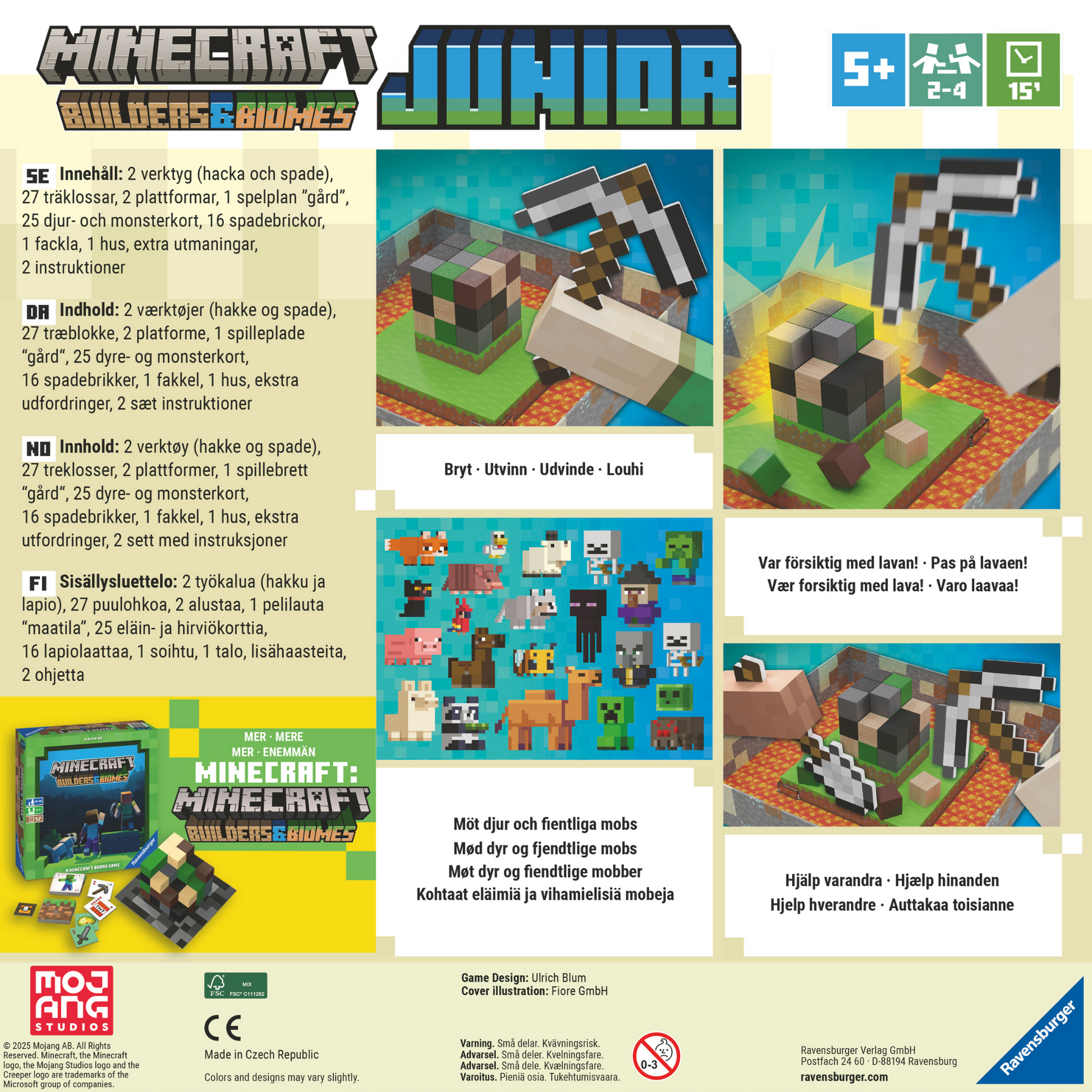 Minecraft Junior spilleske bakside med spillinformasjon og instruksjoner