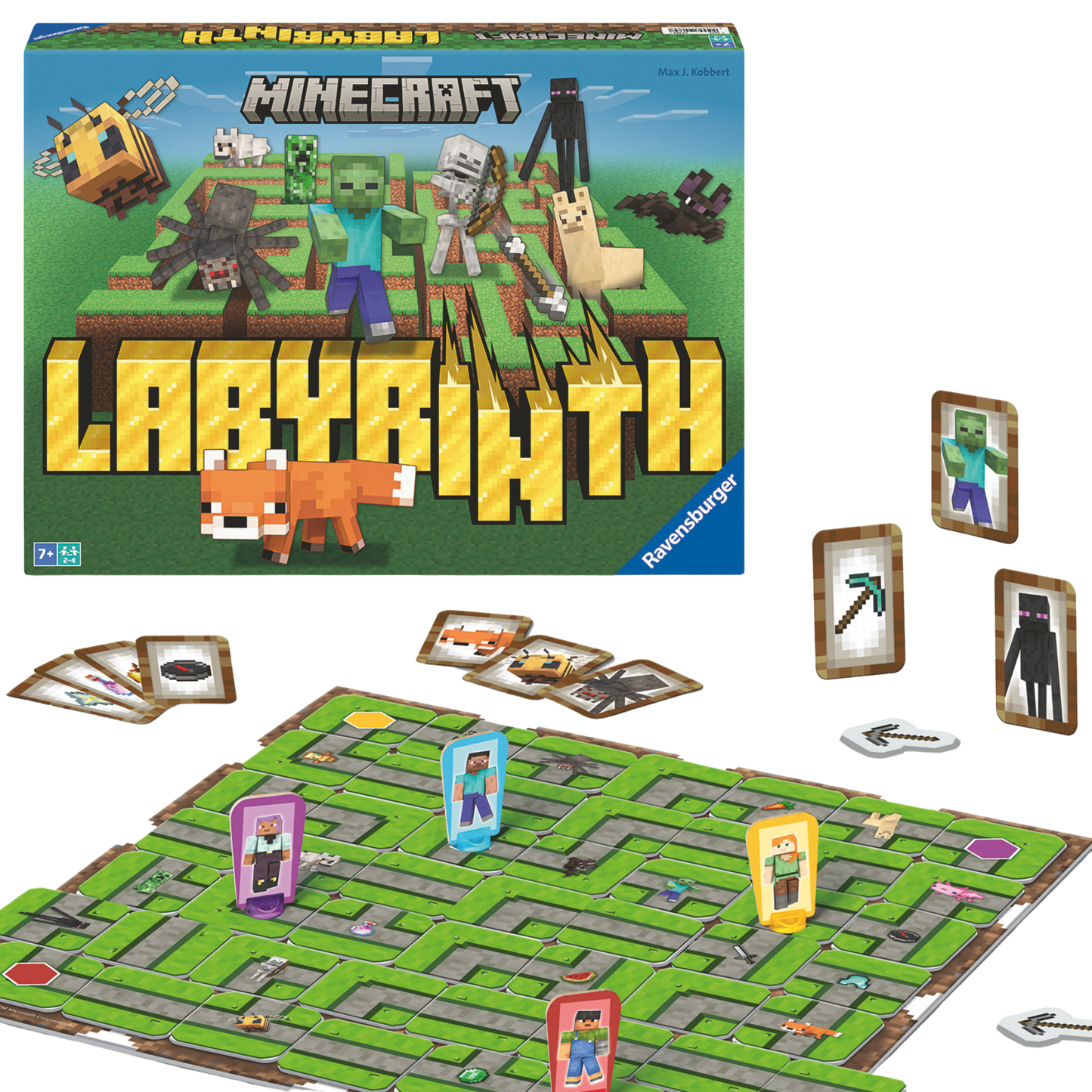 Minecraft Labyrinth spilleske med grønt spillebrett, kort, brikker og Minecraft figurer spredt ut