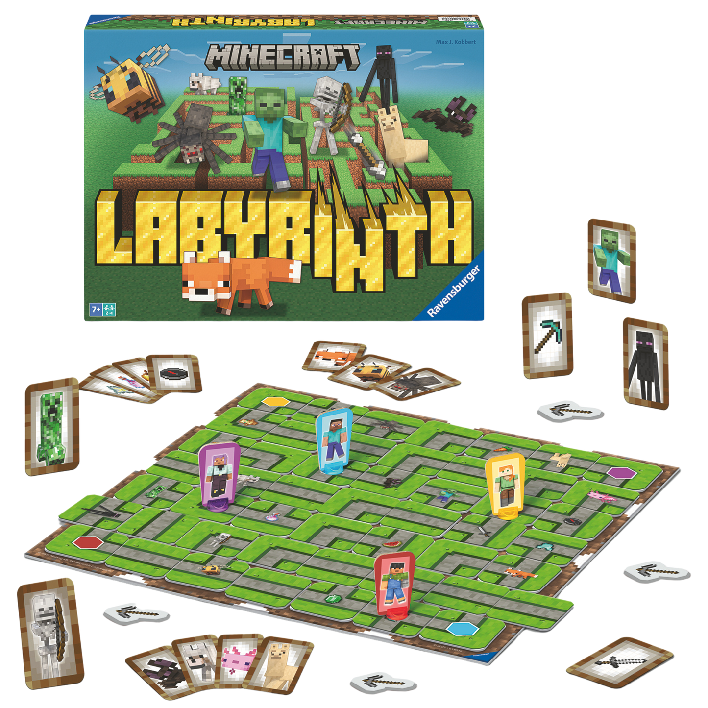 Minecraft Labyrinth spilleske med grønt spillebrett, kort, brikker og Minecraft figurer spredt ut