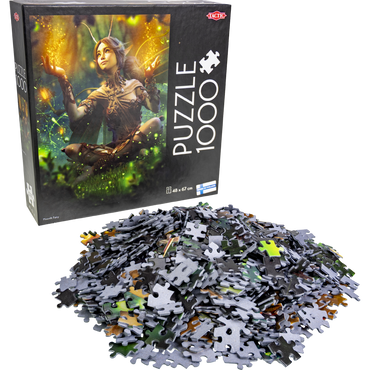 Tactic puslespill 1000 brikker - fantasy motiv av insektkvinne i magiske omgivelser. Eske med puslespill-brikkene liggende foran