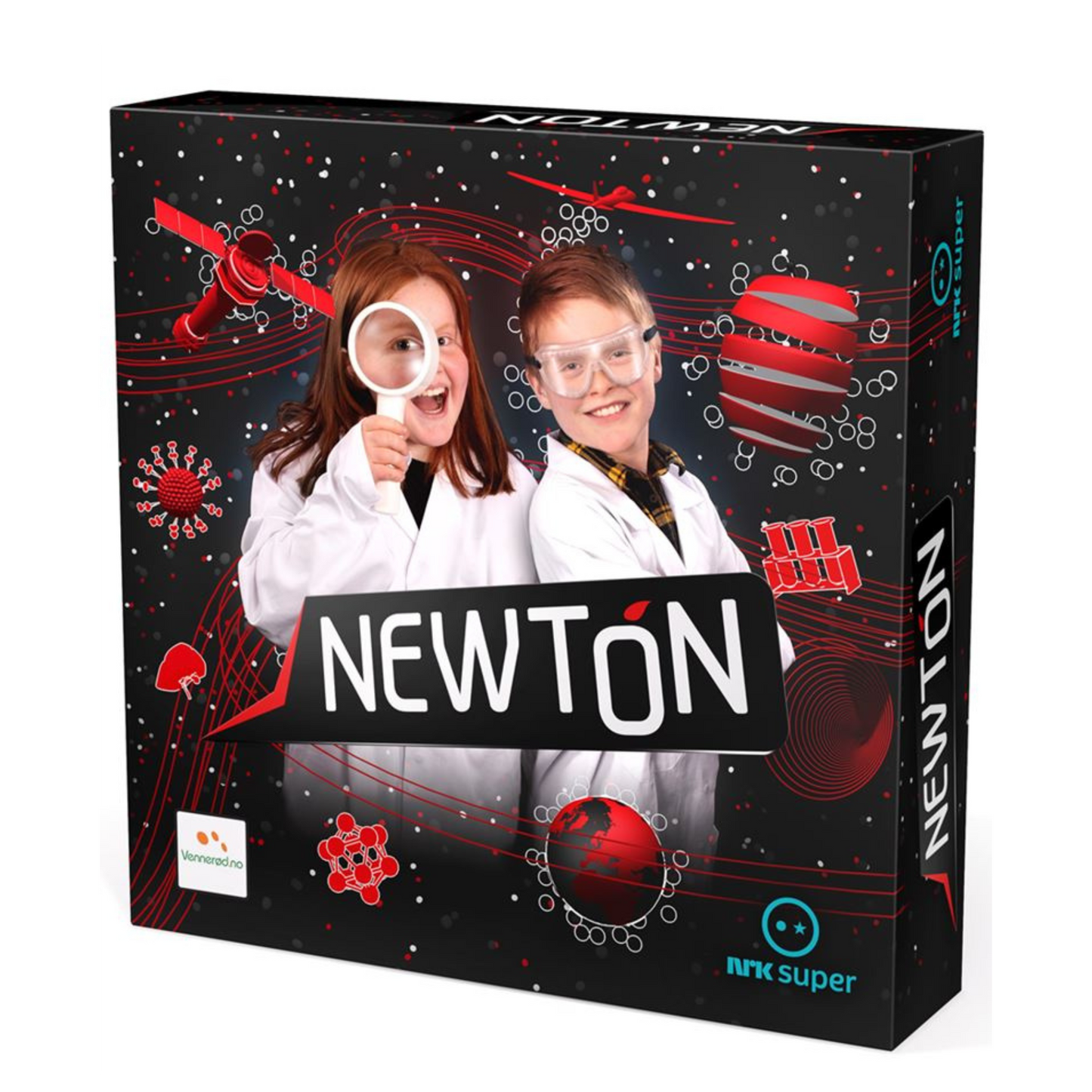 Newton 2.0 spilleske svart med diverse røde vitenskapelige motiver samt to barn i labfrakker