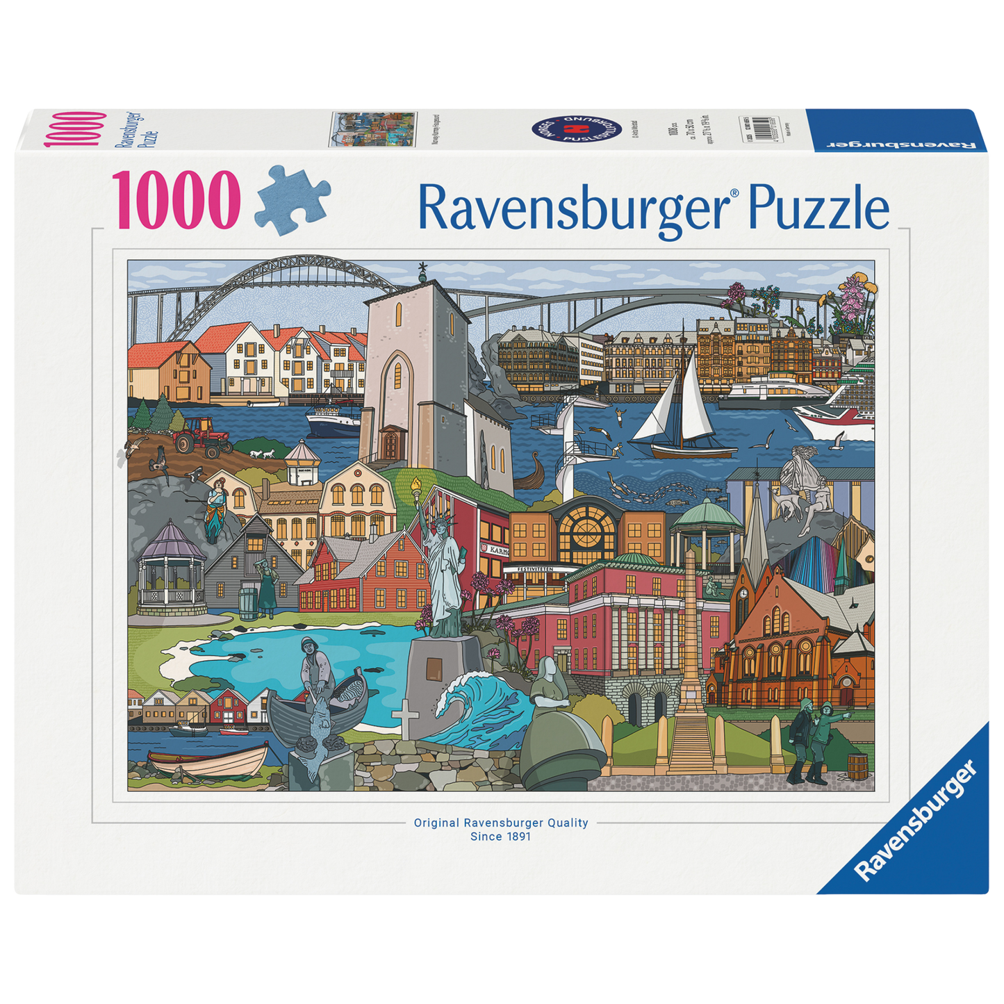Karmøy og Haugesund puslespill eske med fargerikt illustrert kystbymotiv som viser broer, havneområde, historiske bygninger, seilbåter og karakteristiske norske kystlandskap-elementer