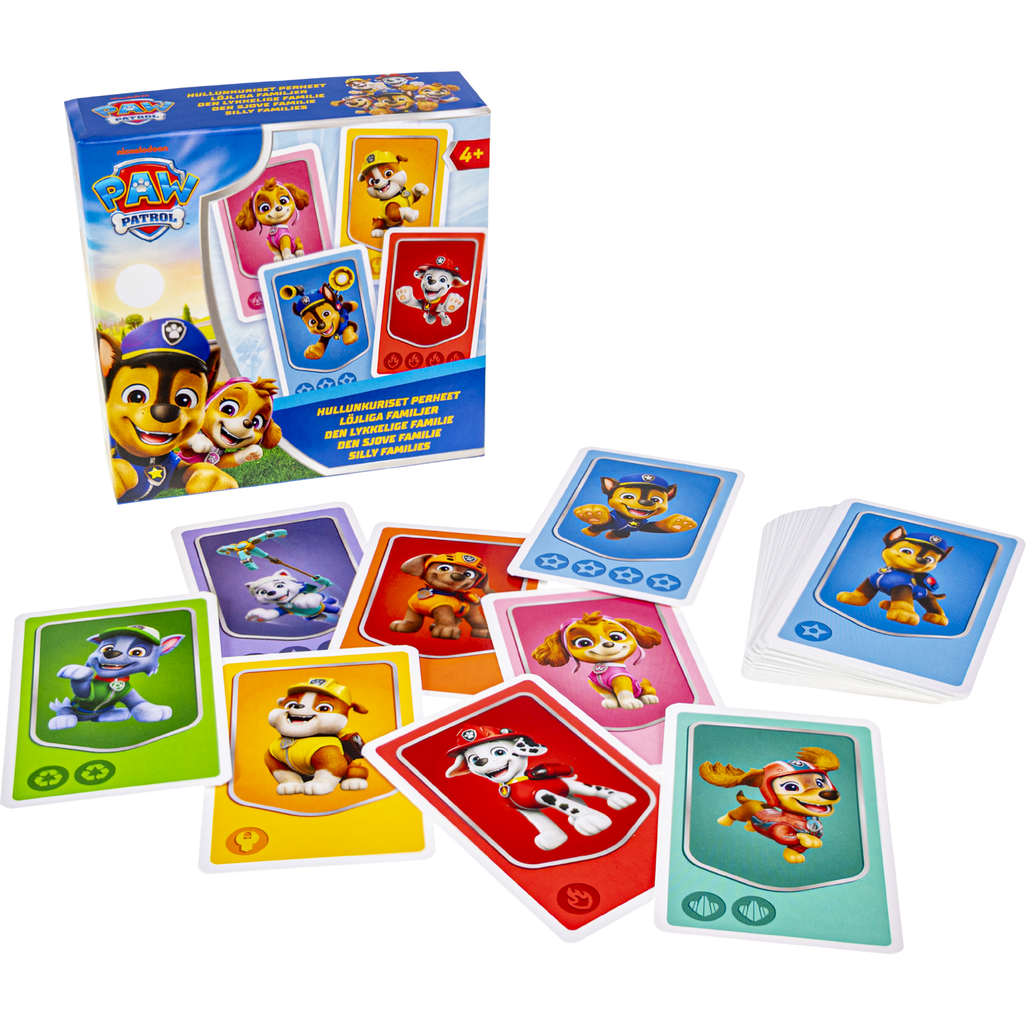 Paw Patrol den lykkelige familie kortspill eske og kort med Chase, Marshall og redningshundene