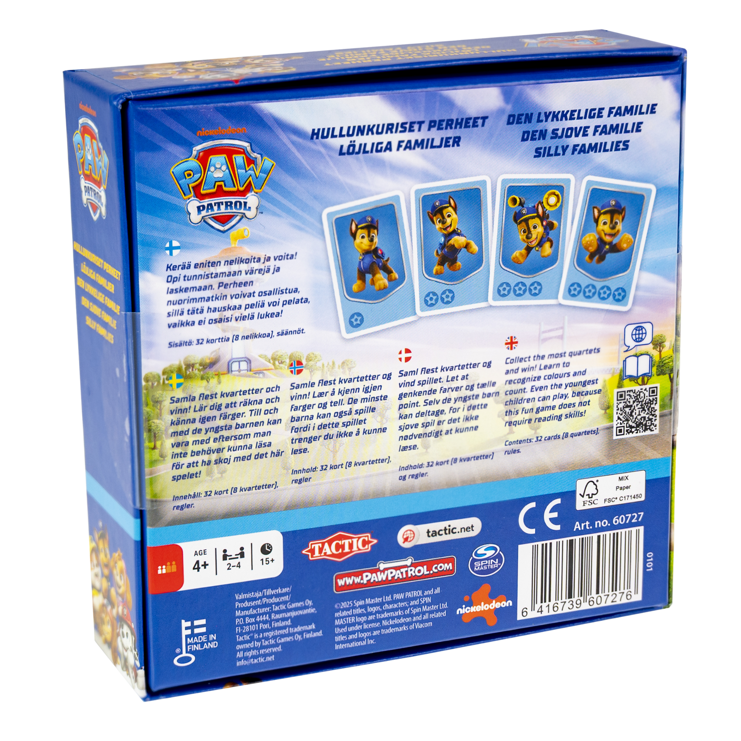 Paw Patrol den lykkelige familie kortspill bakside eske med Chase og tekst