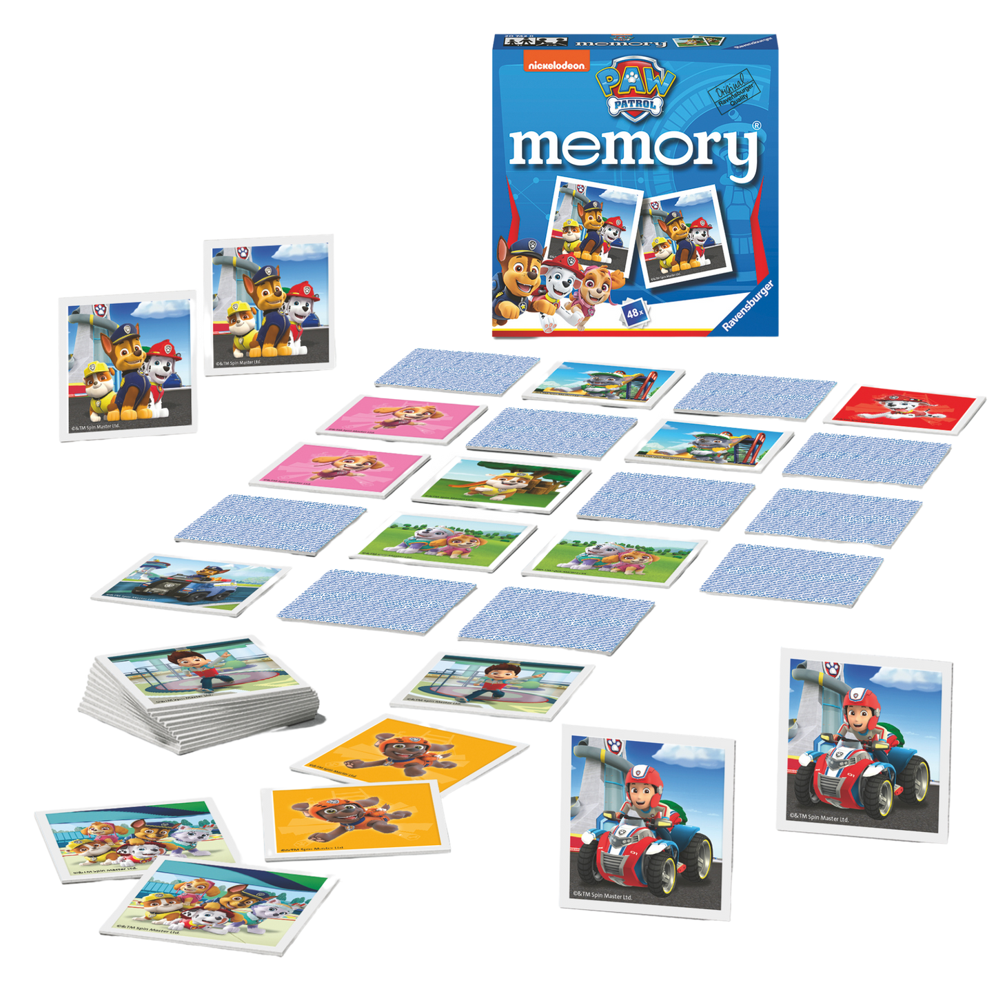 Paw Patrol Mini Memory spilleske med fargerike memorykort spredt ut på bordet