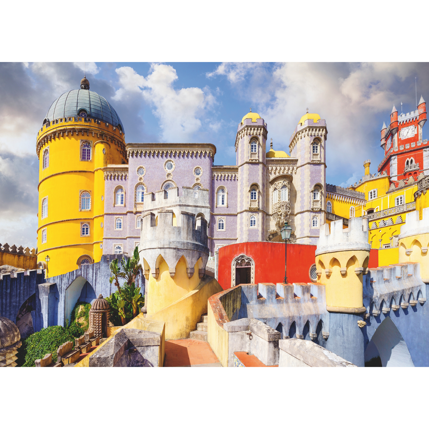 Fargerikt portugisisk palass illustrasjon med gule tårn, røde vegger og blå himmel