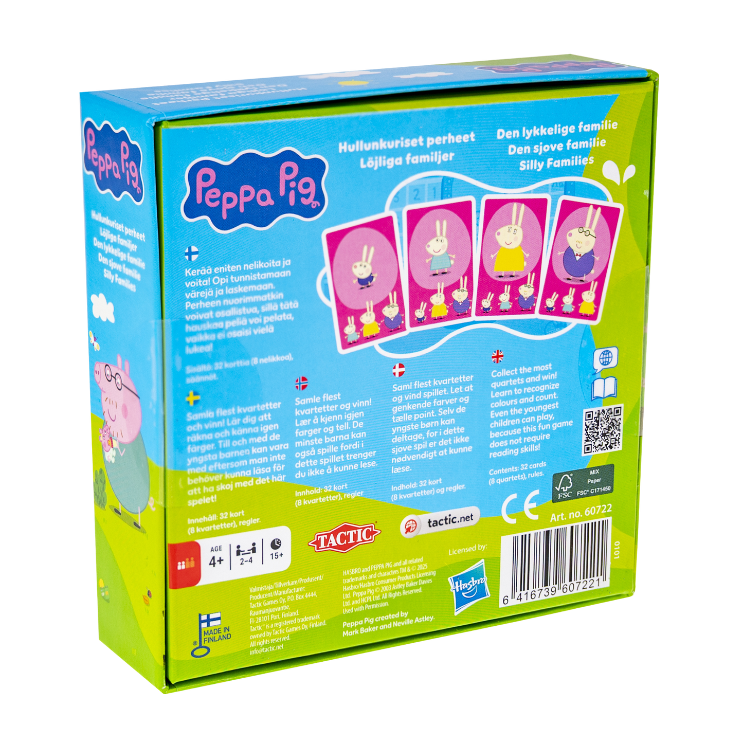 Peppa Pig den lykkelige familie kortspill bakside eske med Peppa og familien på fargerike kort