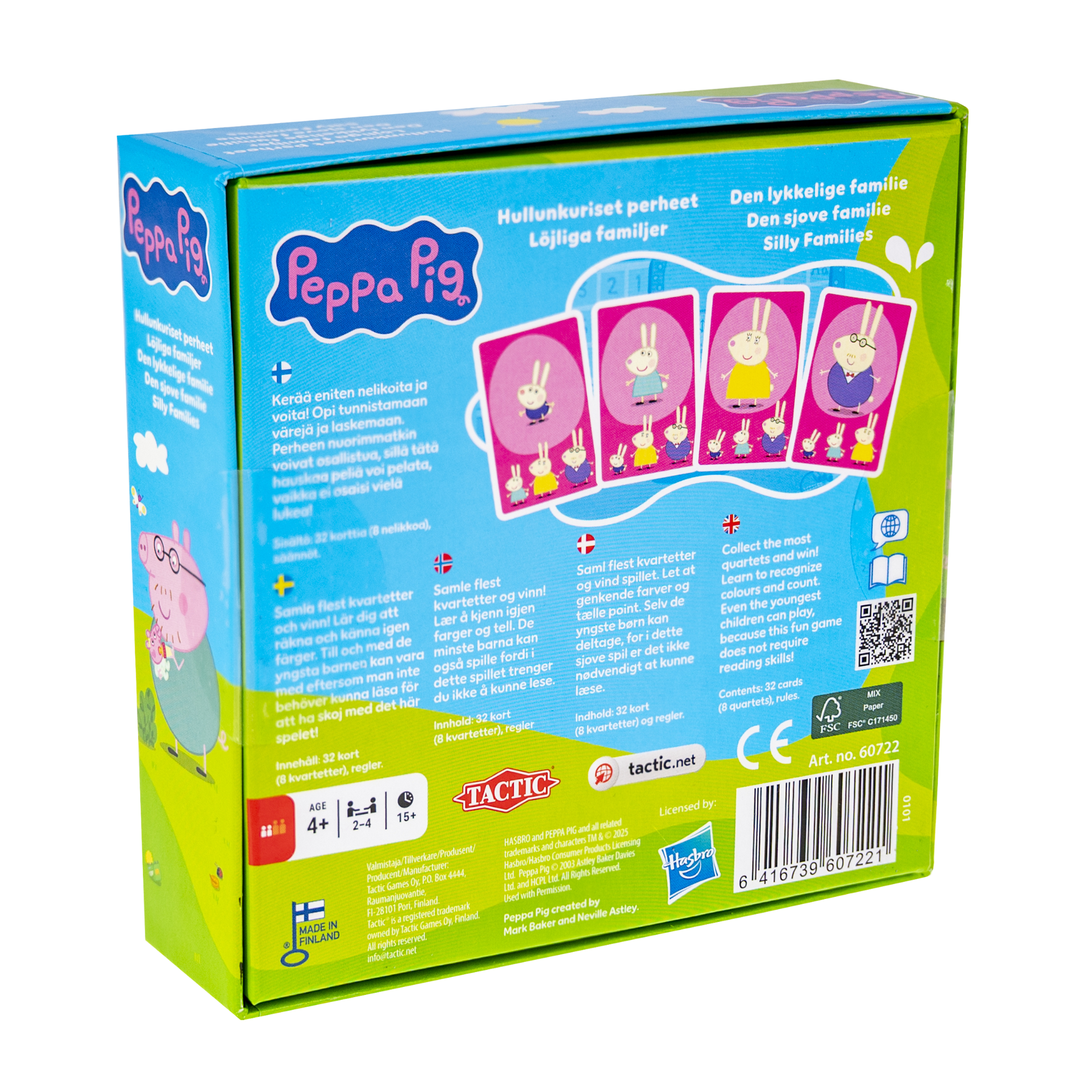 Peppa Pig den lykkelige familie kortspill bakside eske med Peppa og familien på fargerike kort