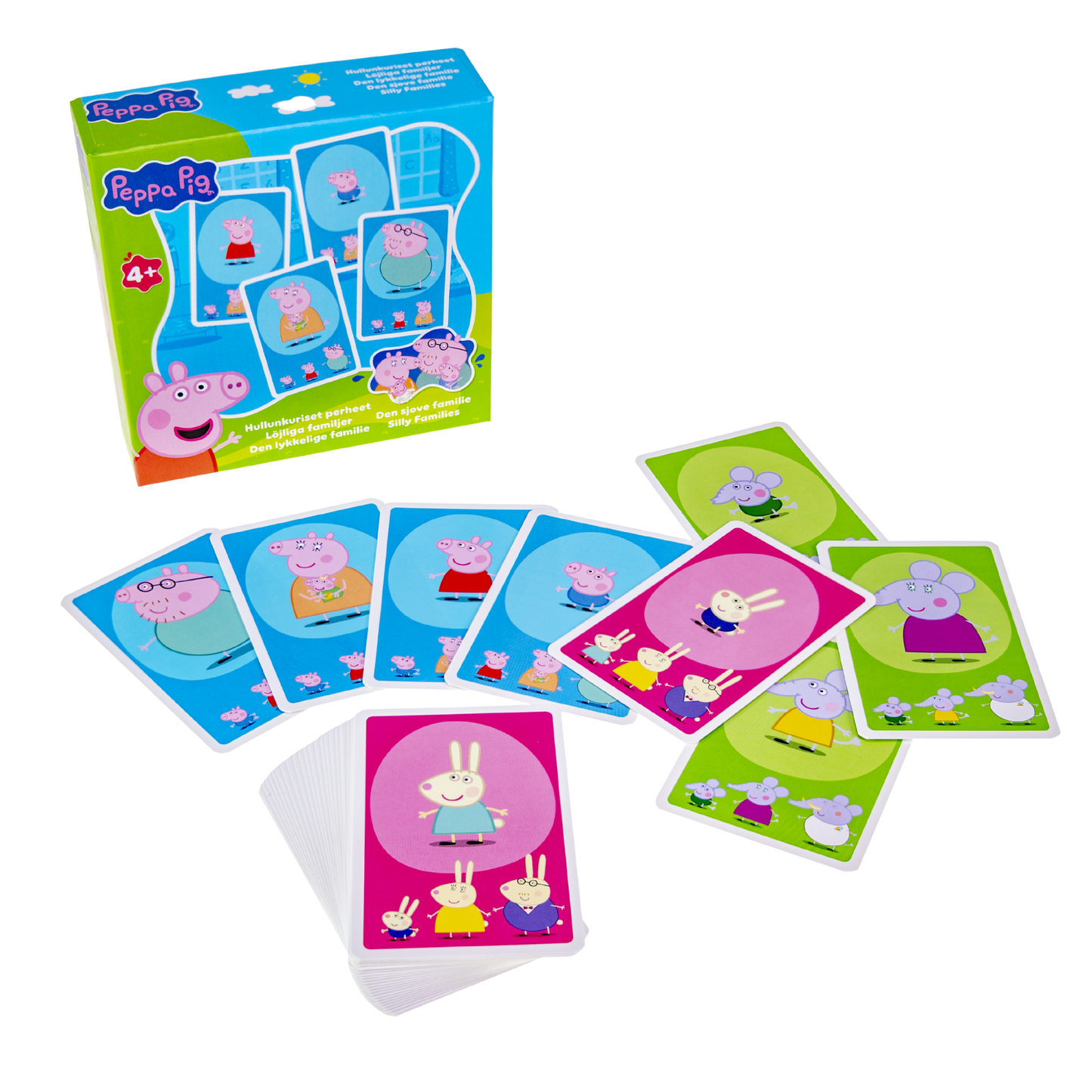 Peppa Pig den lykkelige familie kortspill eske og kort med Peppa og familien på fargerike kort