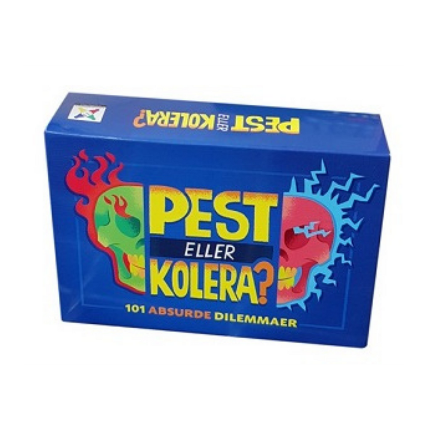 Pest eller kolera dilemma-spill blå eske med motiv av fargerike hodeskaller
