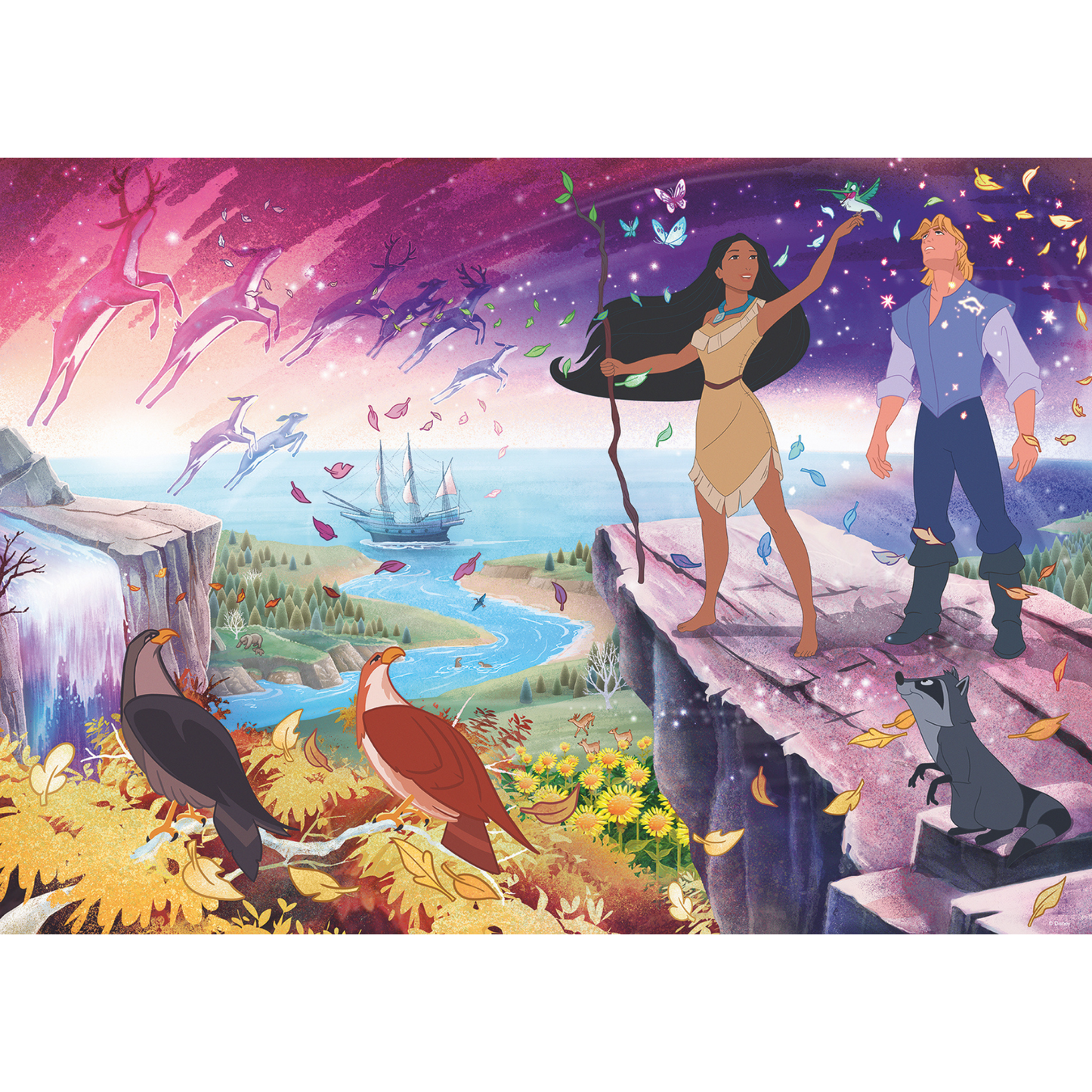 Disney Pocahontas illustrasjon med prinsesse, John Smith, dyr og fargerik naturscene