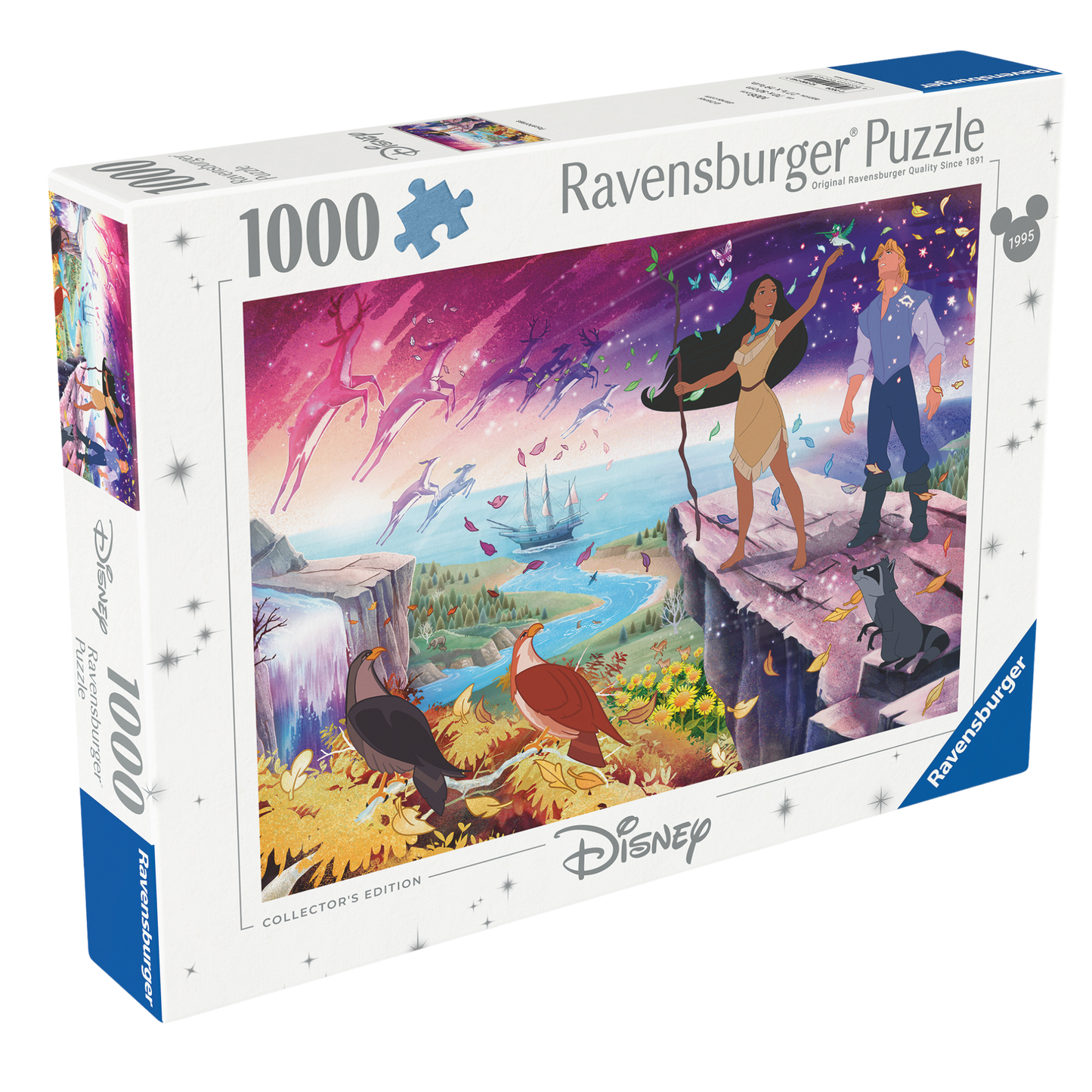 Pocahontas 1000 brikker Ravensburger puslespill eske med Disney Pocahontas og naturscene motiv