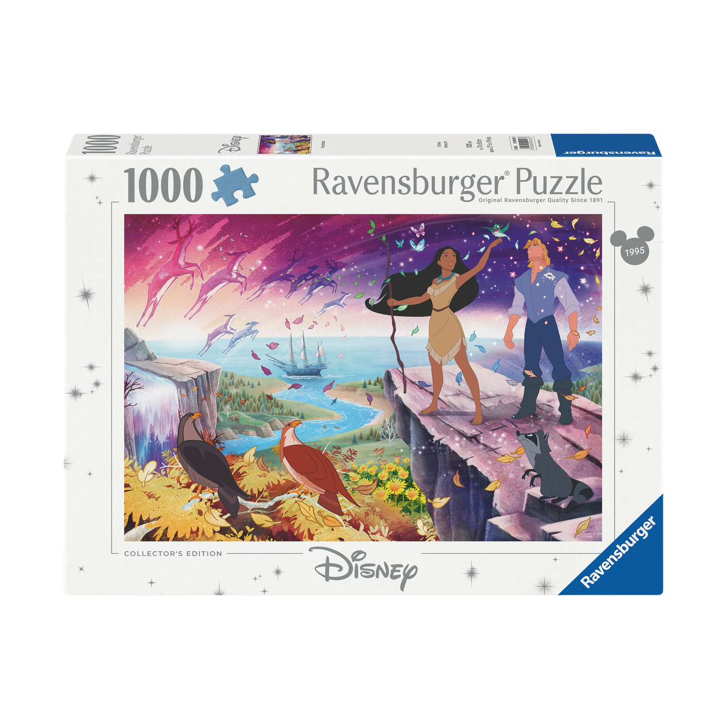 Pocahontas 1000 brikker Ravensburger puslespill eske med Disney Pocahontas og naturscene motiv