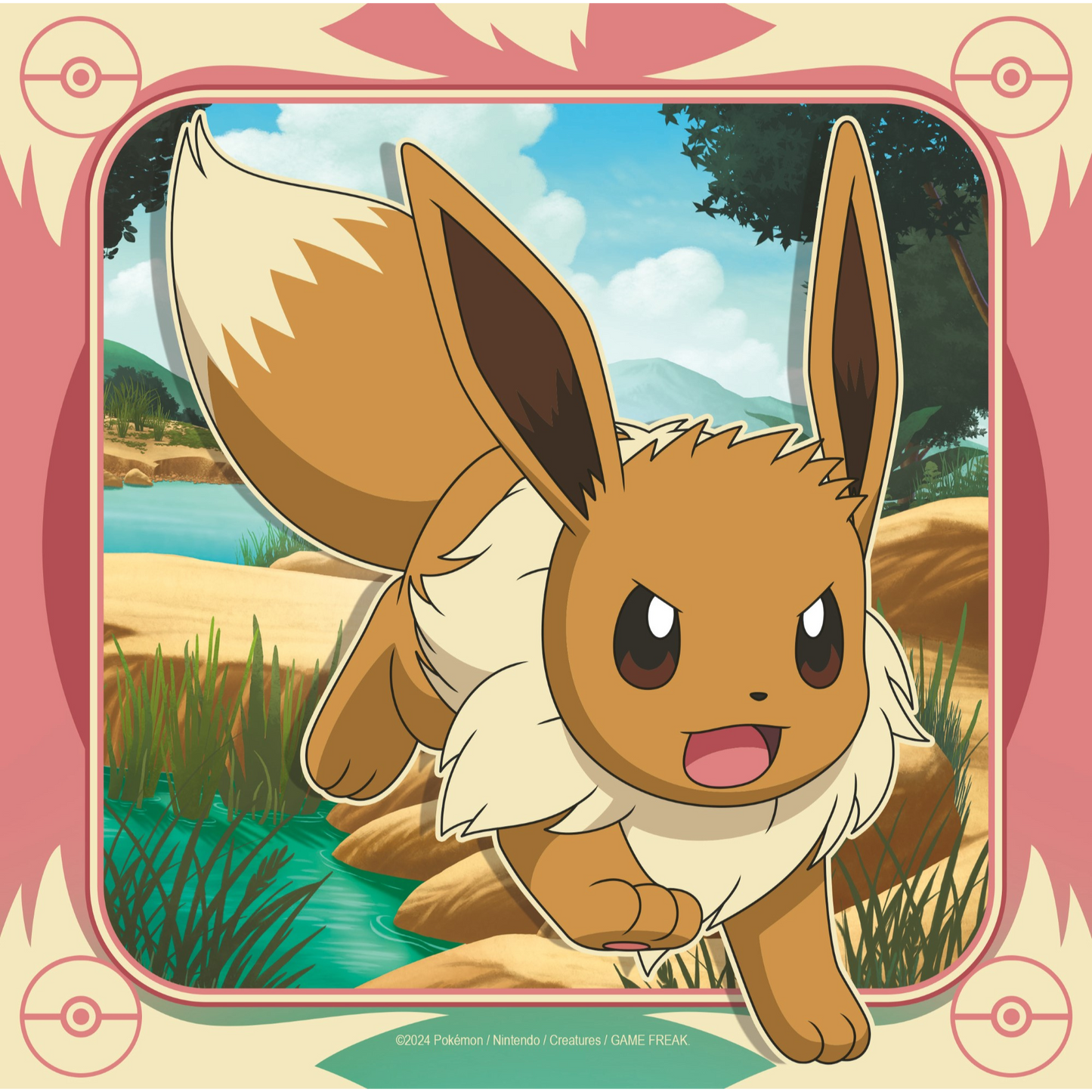 Eevee illustrasjon med brun Pokémon i naturlig miljø