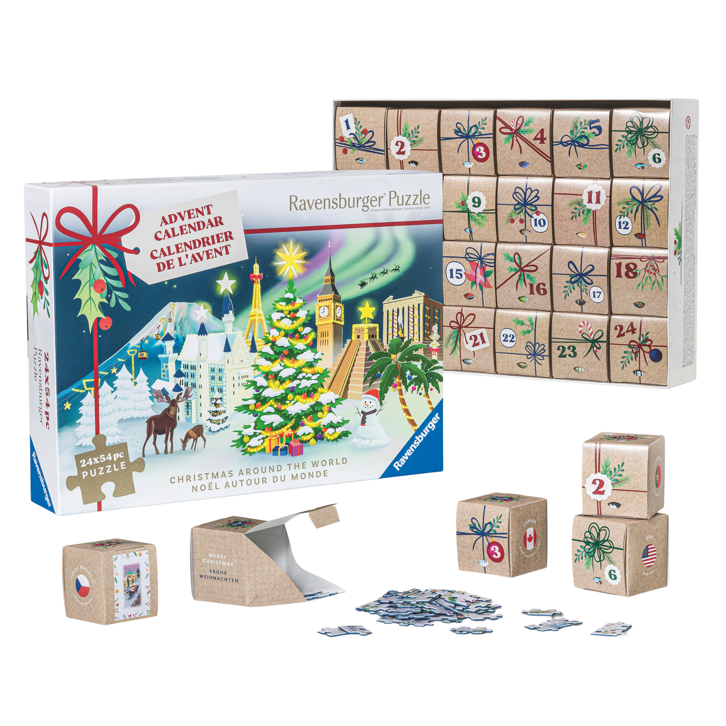 Jul rundt om verden adventskalender eske og innhold med 24 minipuslespill og julemotiver fra hele verden