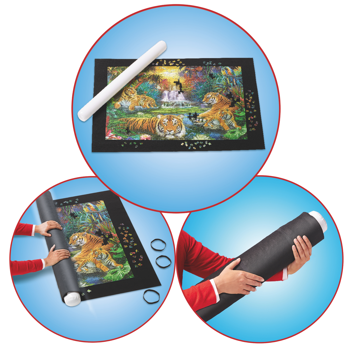 Ravensburger Roll your Puzzle puslespillmatte med filtmatte, oppblåsbart rør og gummibånd for 1000-3000 brikker