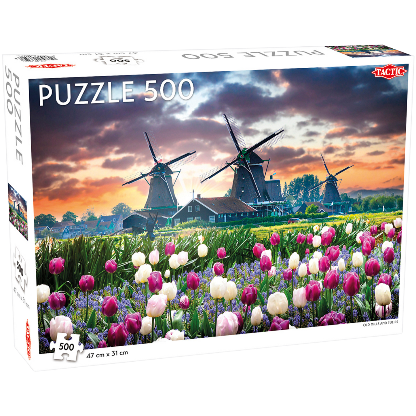 Gamle vindmøller og tulipaner 500 brikker Tactic puslespill eske med hollandsk landskap motiv