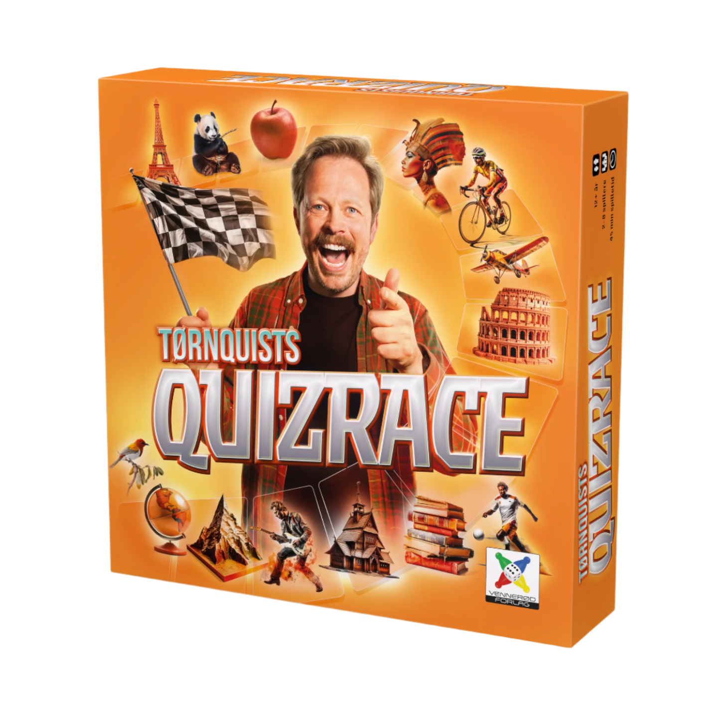 Tørnquists Quizrace spilleske med Tørnquist og fargerike quiz-elementer motiv