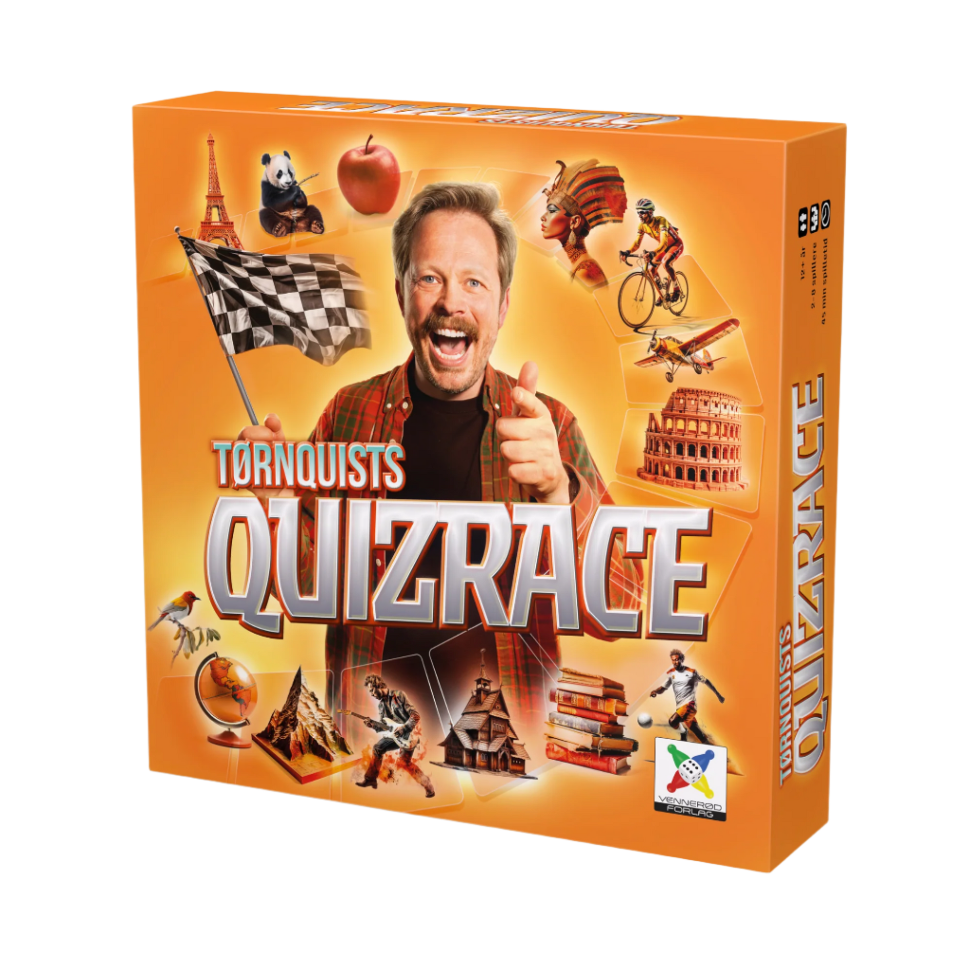 Tørnquists Quizrace spilleske med Tørnquist og fargerike quiz-elementer motiv