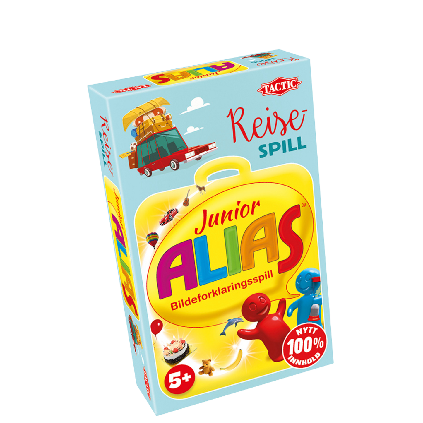 Alias junior reisespill turkis eske med motiv av gul koffert og blå og rød figur som holder timeglass