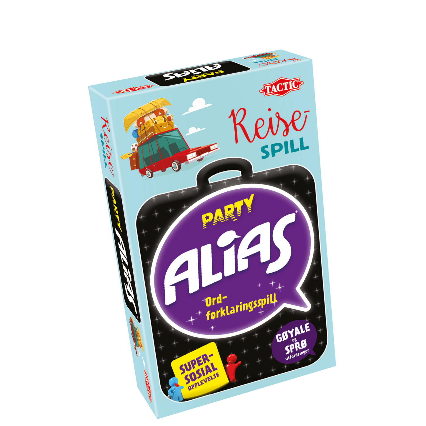 Alias party turkis eske med motiv av svart koffert og lilla snakkeboble med spillets navn