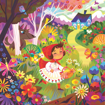 Rødhette puslespill motiv med 64 brikker og klassisk eventyr om Rødhette og ulven