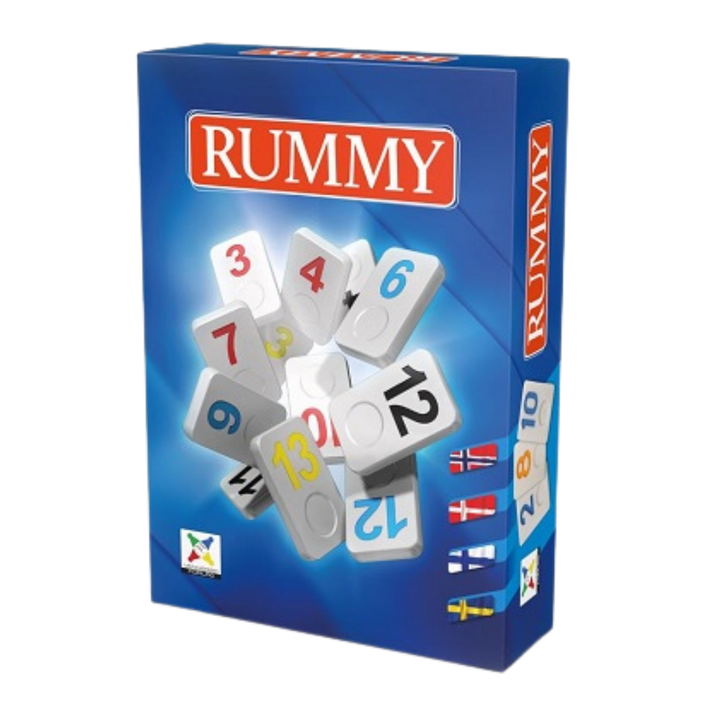 Rummy blå eske med motiv av spillebrikker med ulike fargerike tall