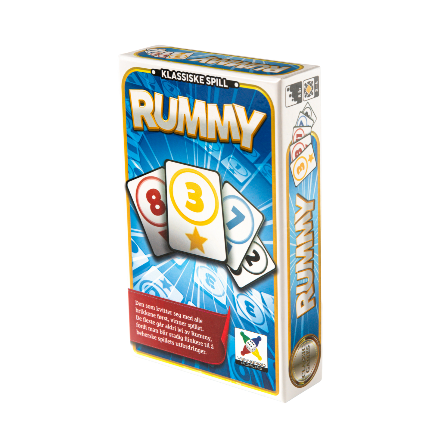 Reisespill Rummy blå eske med motiv av spillekortene med fargerike tall