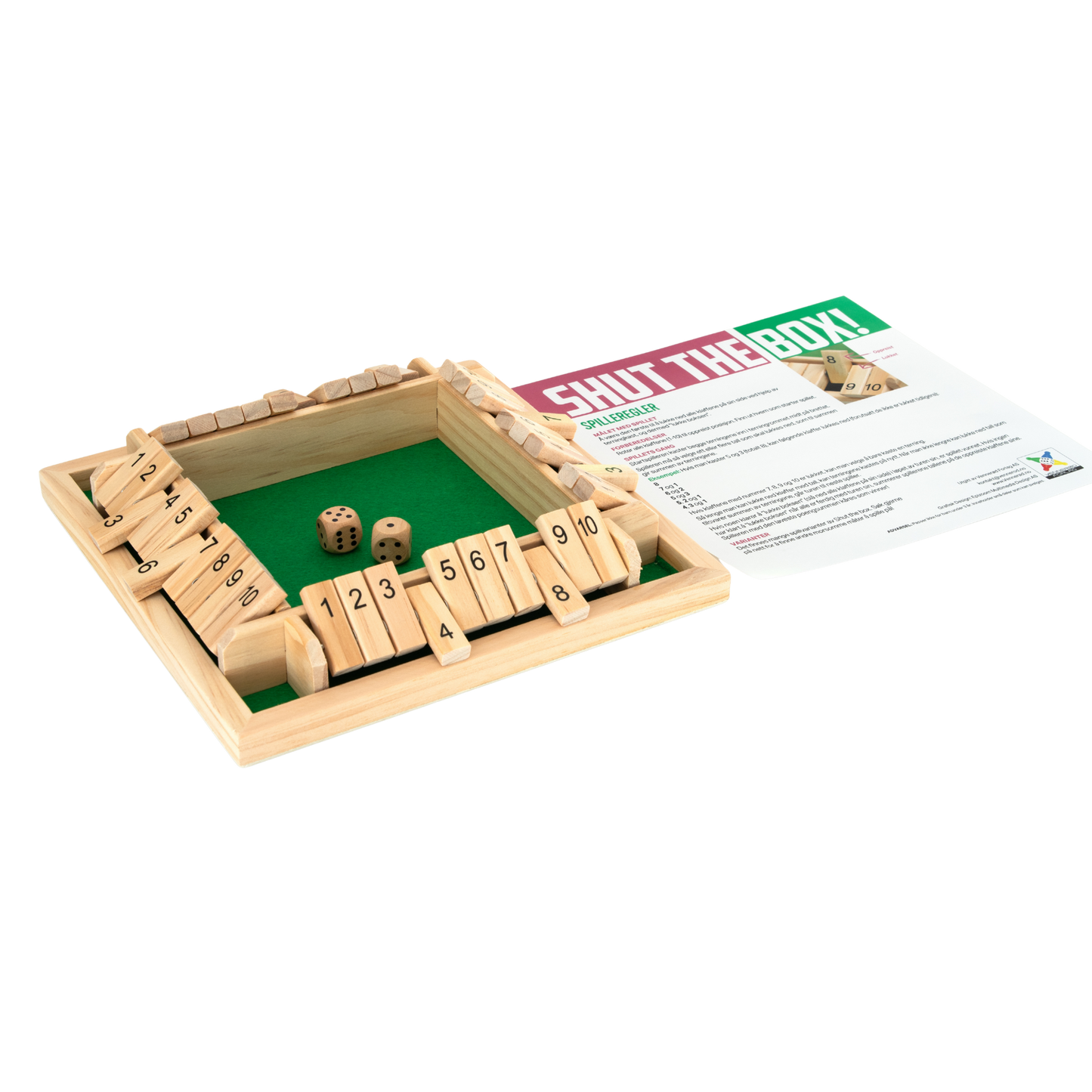 Shut the Box terningspill i tre med nummererte brikker 1-9 og to terninger. Spillbrett og bruksanvisning.