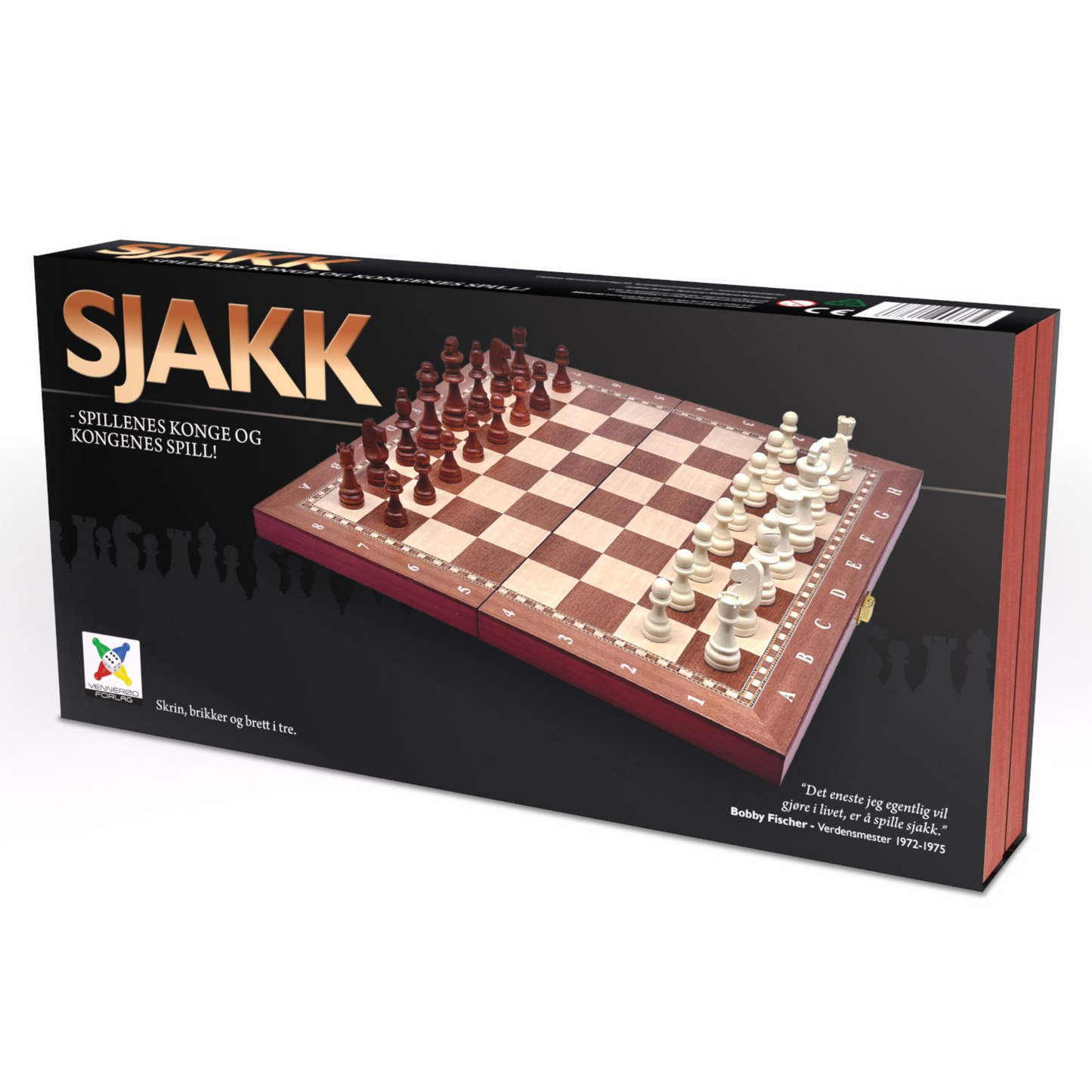Sjakksett i tre 40x40 eske med motiv av sjakkbrett og brikker