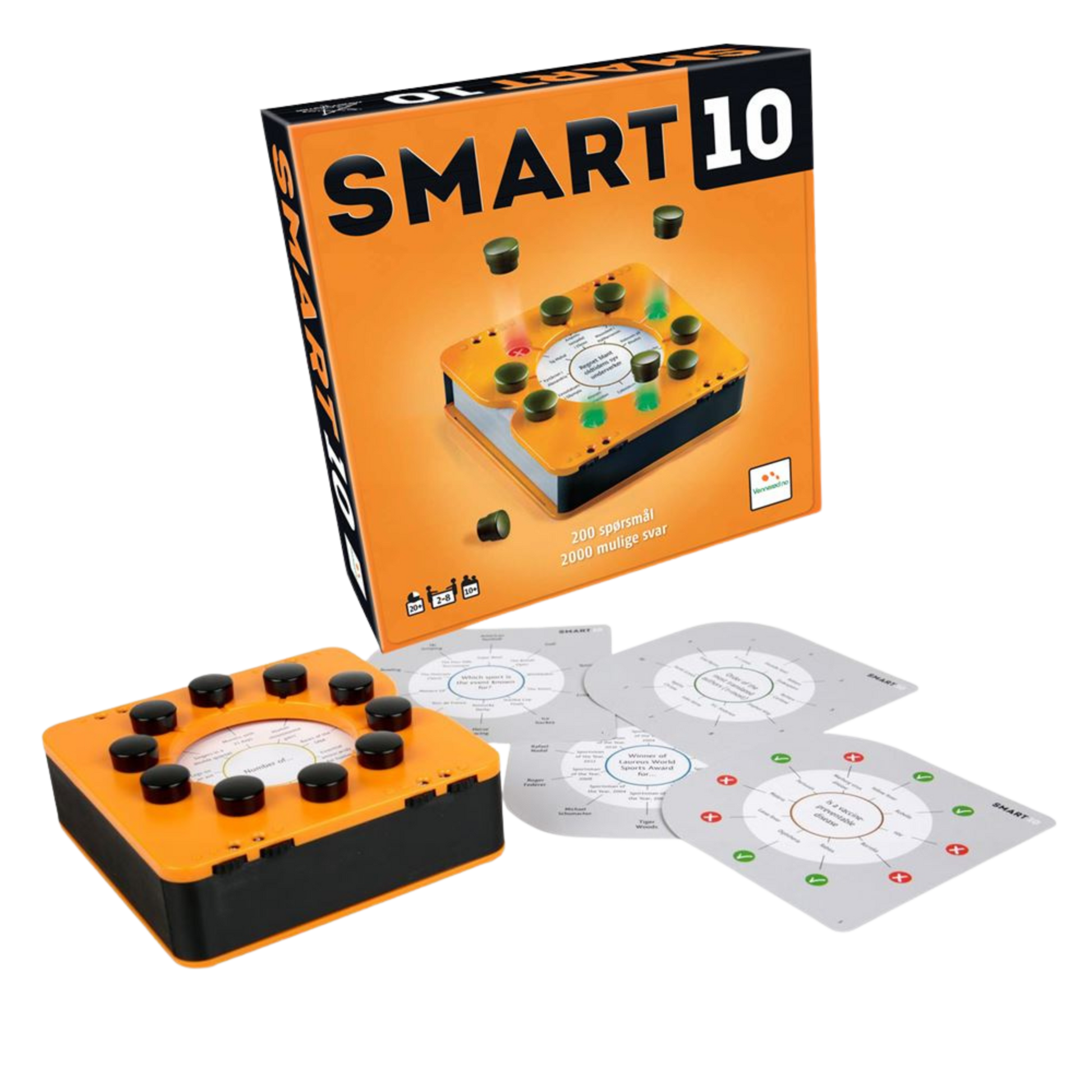 Smart 10 quizspill eske med oransje spillenhet, svarte knapper og spørsmålskort