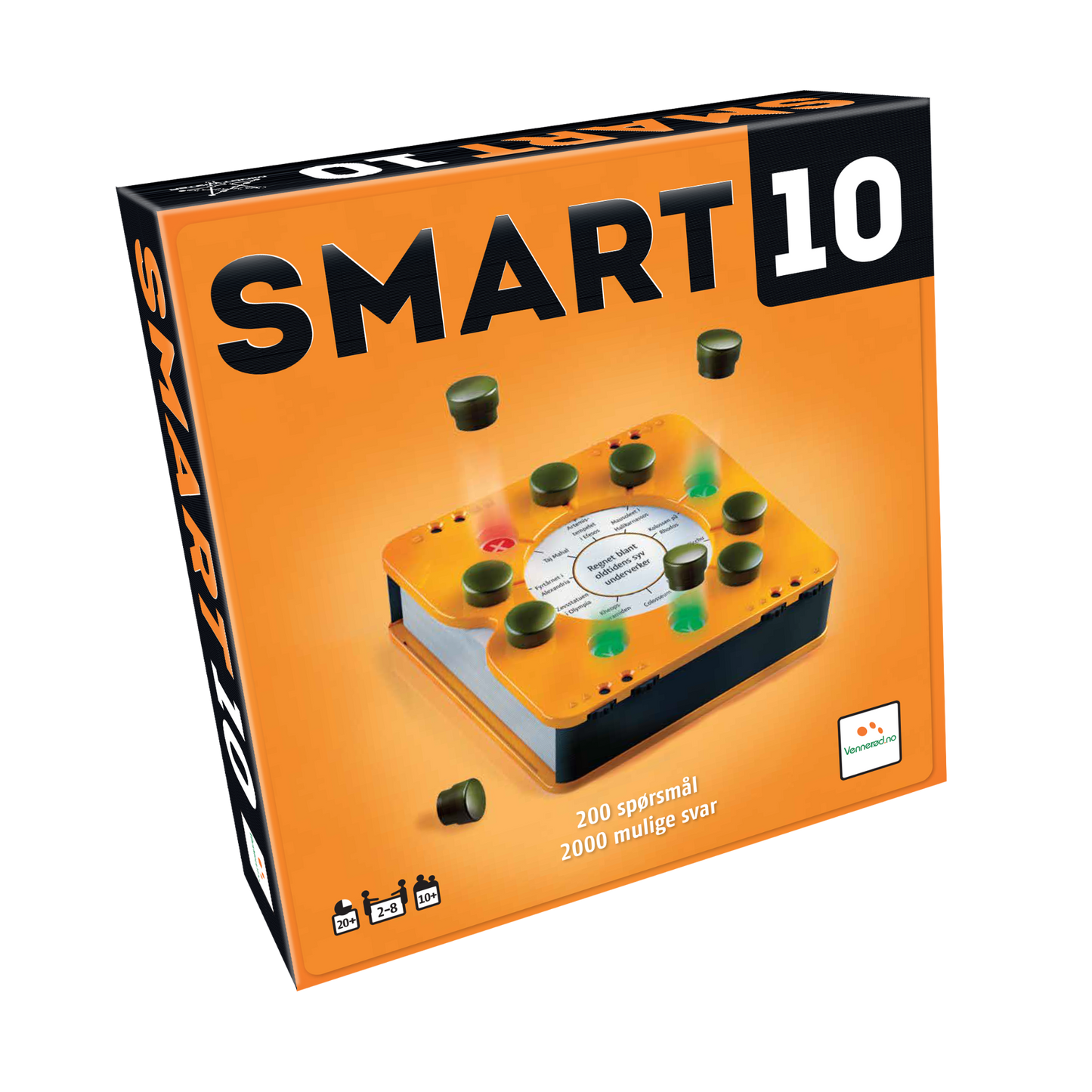 Smart 10 quizspill eske med bilde av oransje spillenhet med svarte knapper