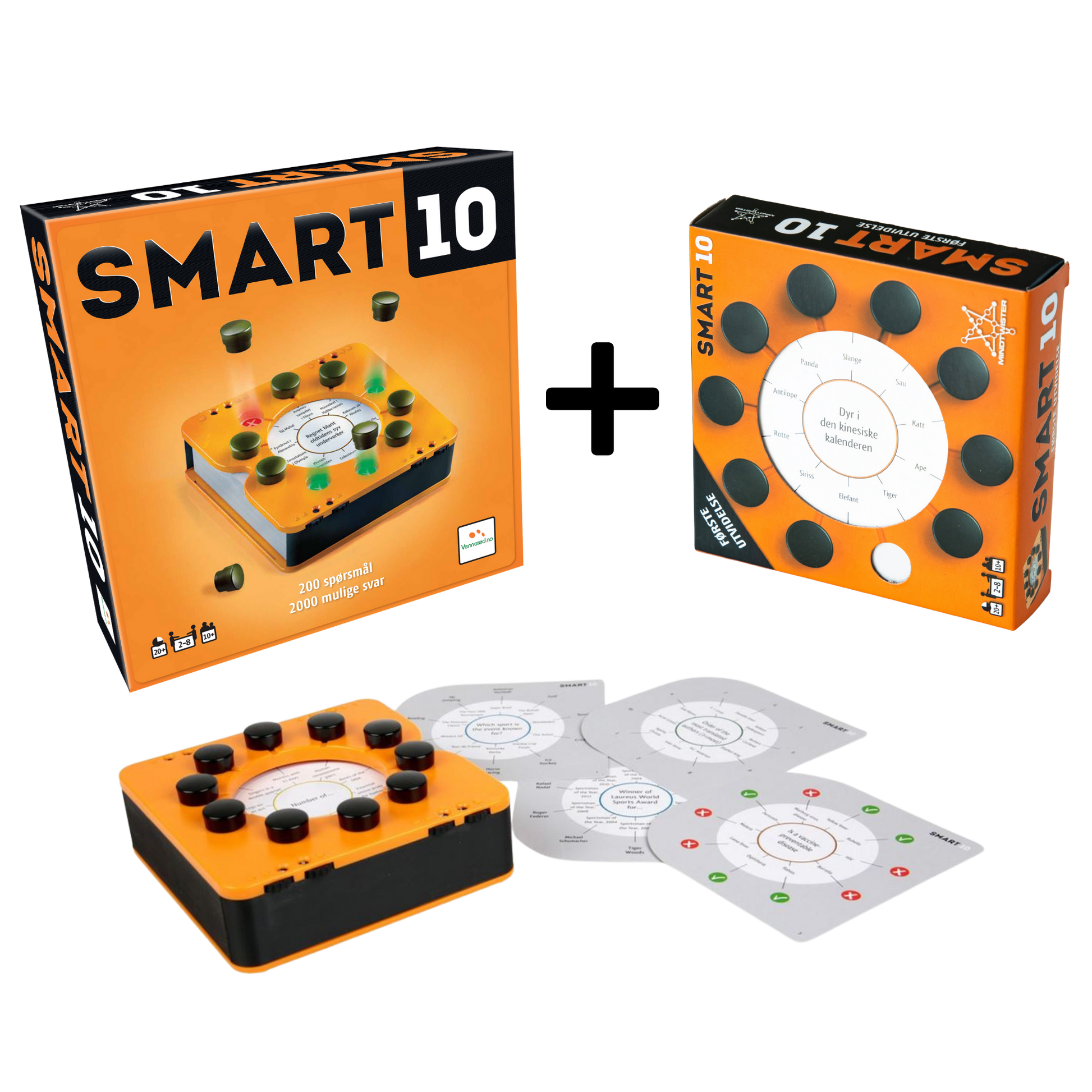 Smart 10 produkteske, Smart 10 1. utvidelse produkteske, samt spillenhet med et utvalg spillkort lagt utover