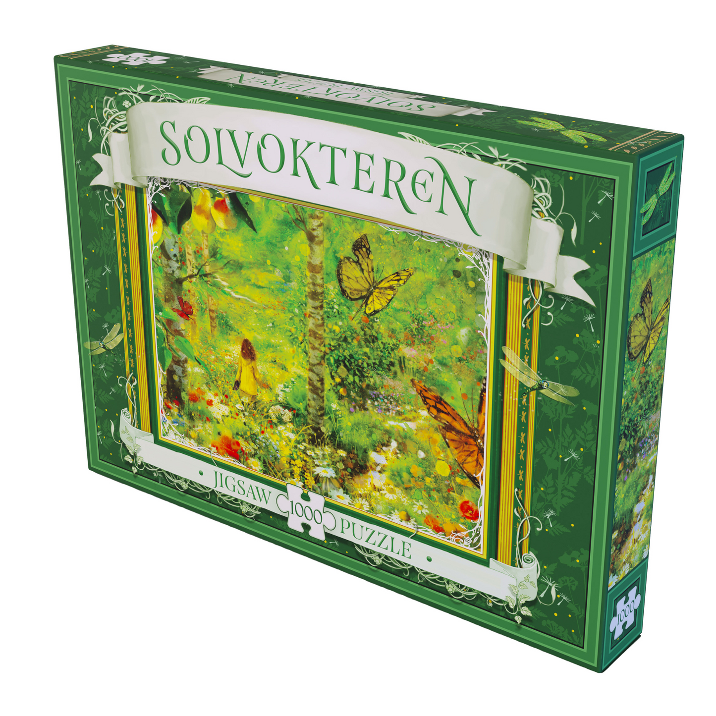Solvokteren 2 puslespill grønn eske med motiv av fargerike fulger og sommerfugler i grønt tre