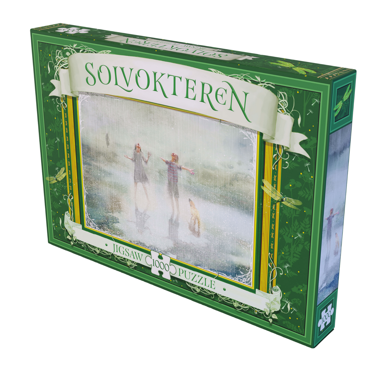 Solvokteren 3 puslespill eske med lyst grålig motiv av barn i regnet