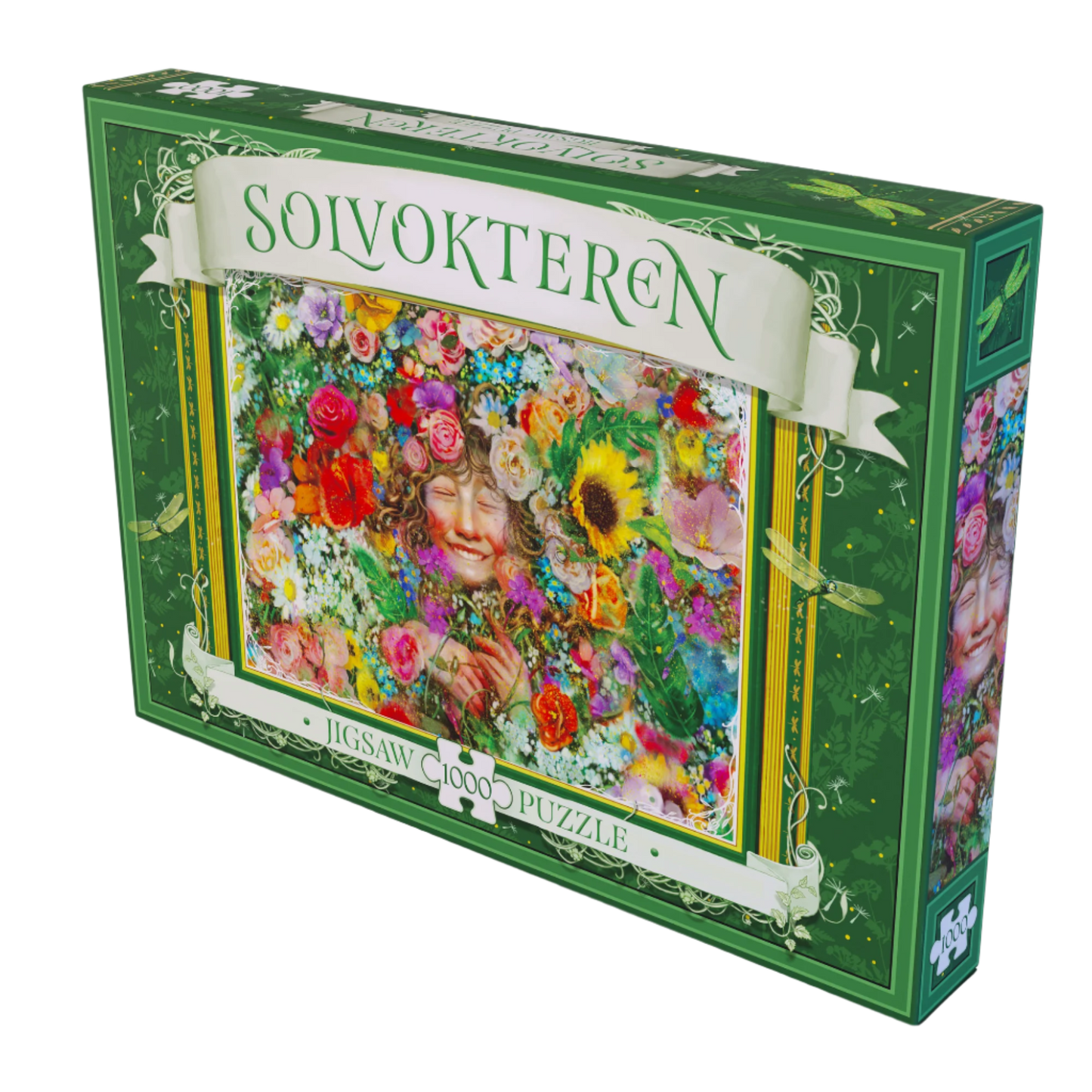 Solvokteren puslespill grønn eske med motiv av glad kvinne fullstendig omgitt av fargerike blomster
