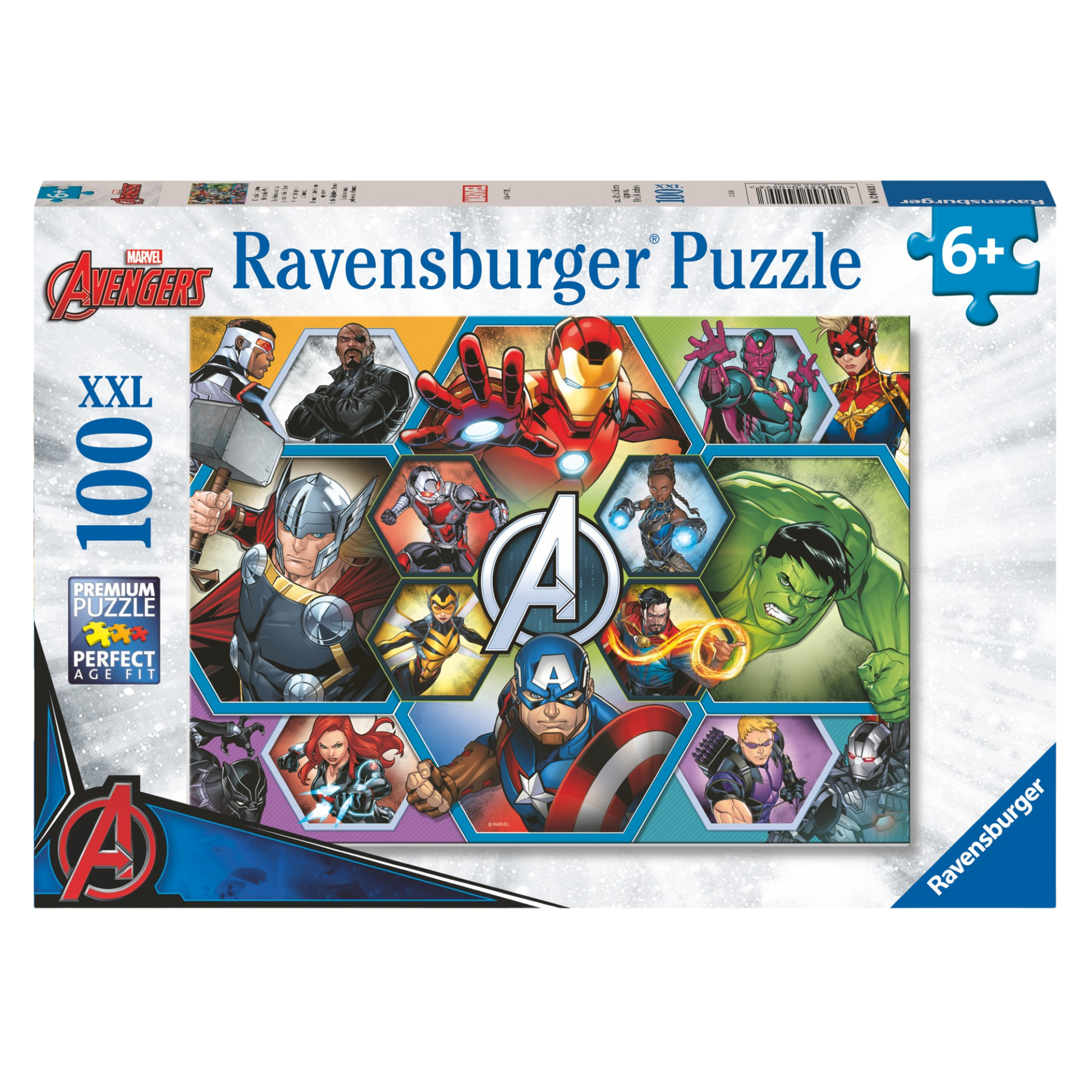 Sterke Marvel Avengers 100 brikker XXL Ravensburger puslespill eske med superhelt collage motiv