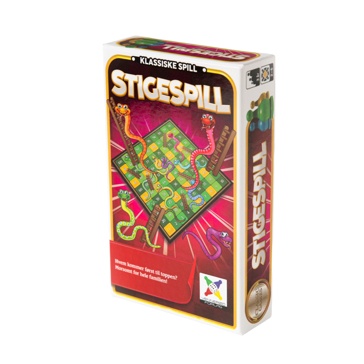 Stigespill reisespill eske rosa med motiv av spillbrett, slanger og stiger