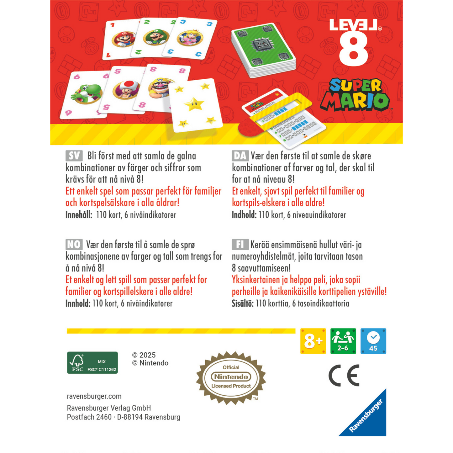 Super Mario Level 8 kortspill eske bakside med spillinformasjon og instruksjoner