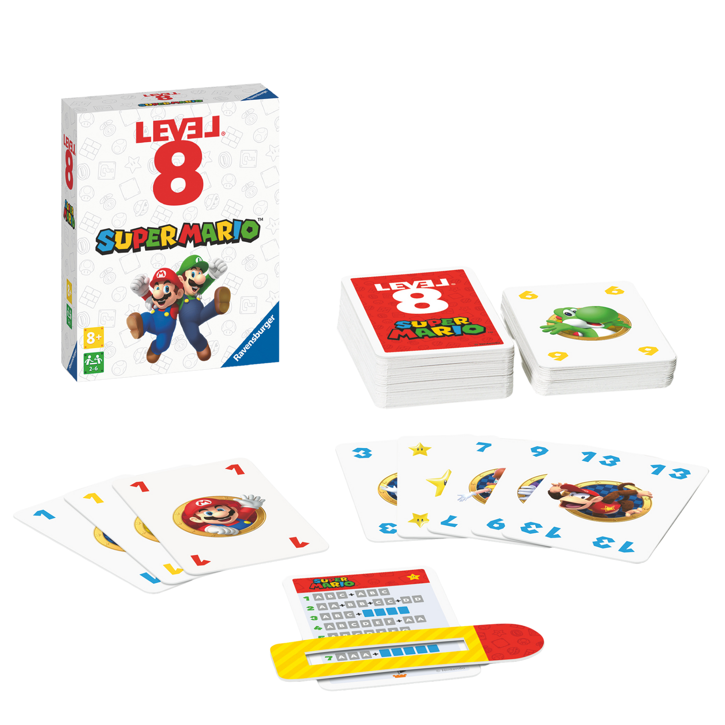 Super Mario Level 8 kortspill eske med spillkort, poengtavle og spillmateriell spredt ut