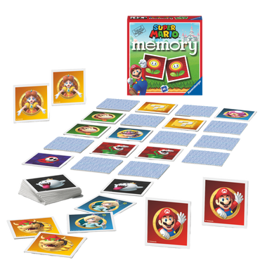 Super Mario Mini Memory spilleske med fargerike memorykort spredt ut på bordet