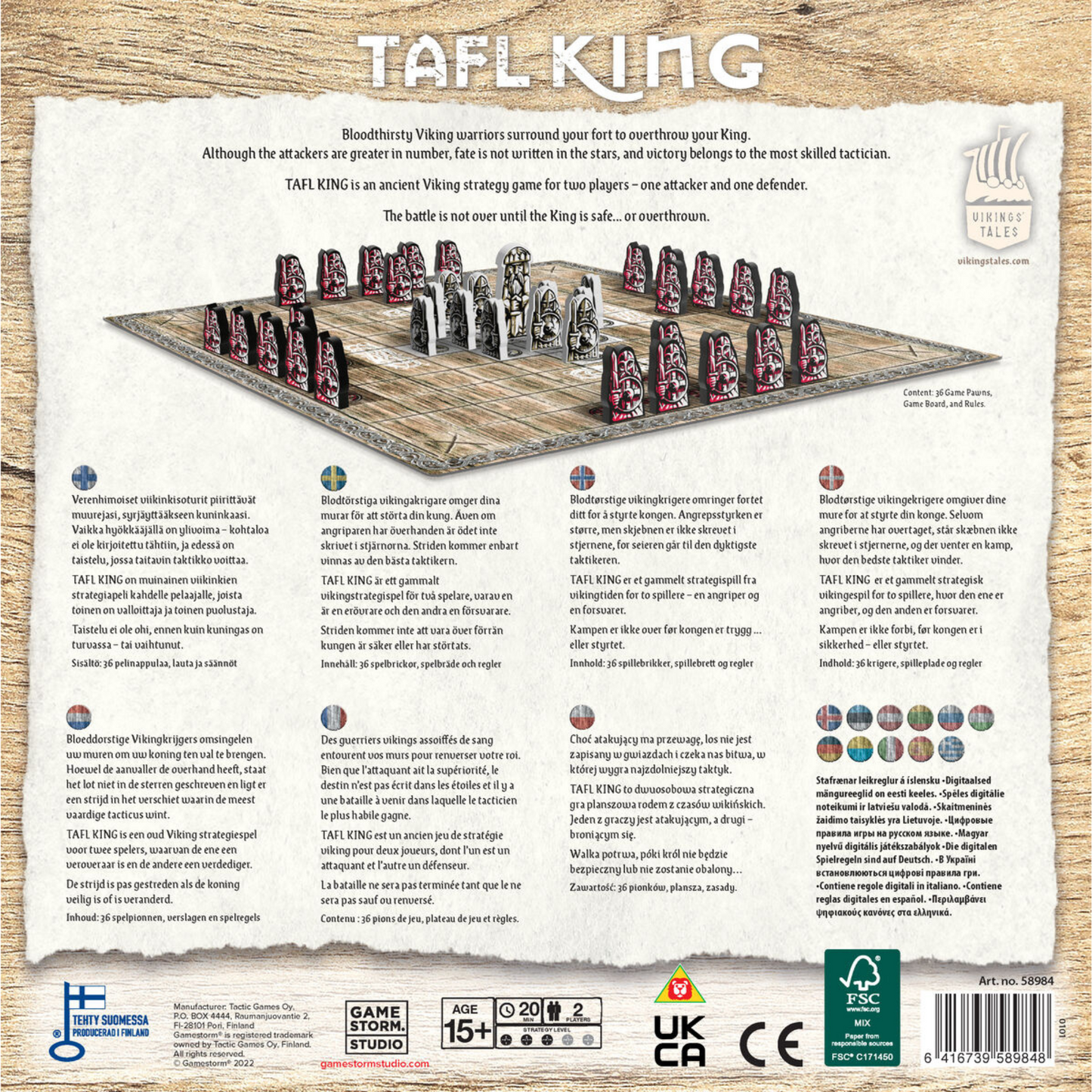 Vikings Tales Tafl King brettspill eske bakside med spillinformasjon og instruksjoner