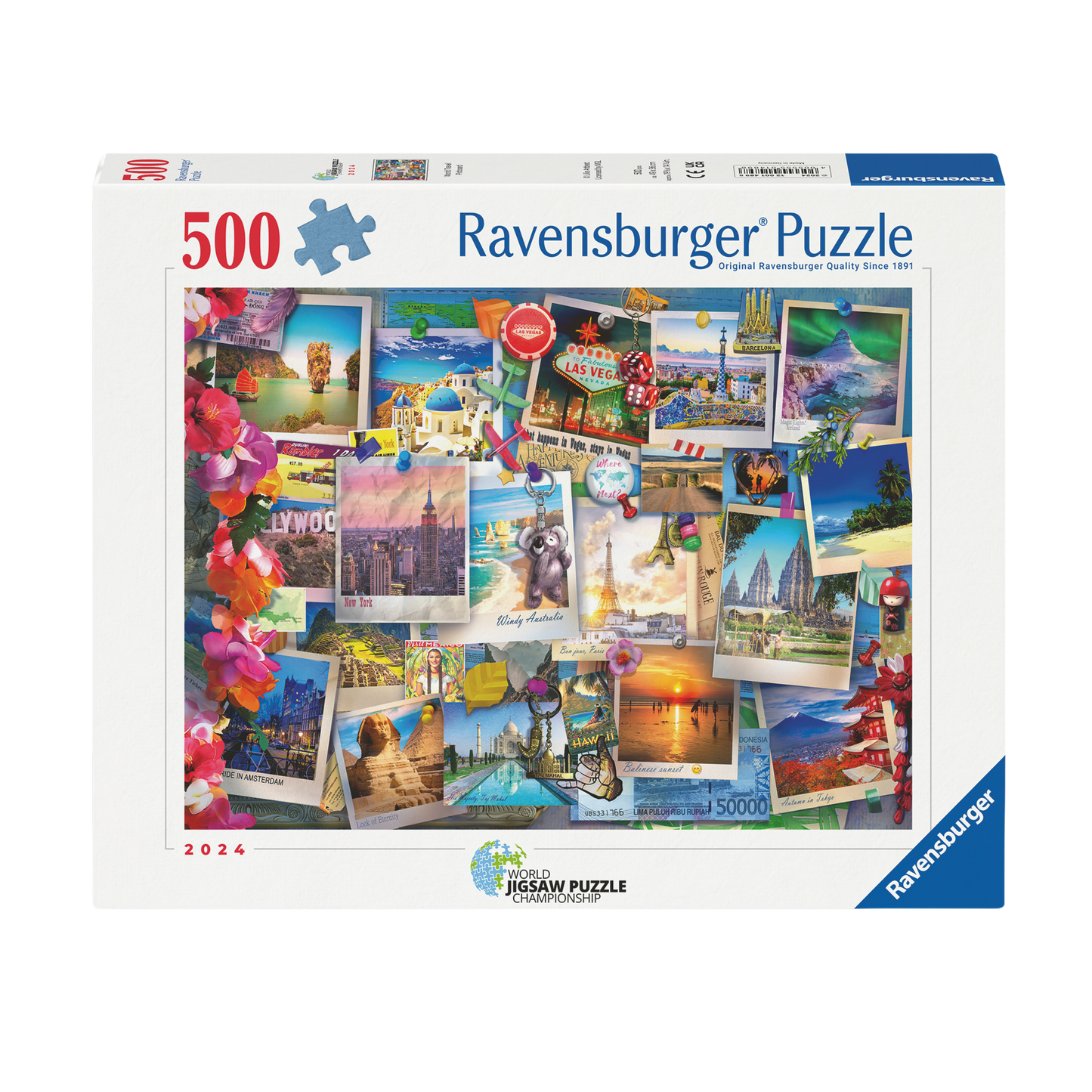 Tavle for Verdensreisende 500 brikker Ravensburger puslespill eske med reisepostkort collage
