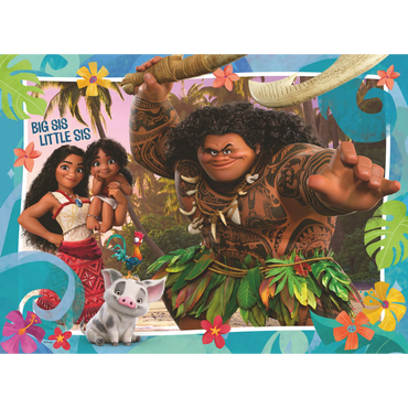 Disney Vaiana 2 illustrasjon med Vaiana, Maui, Pua og tropisk øy-scene