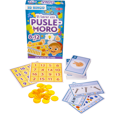 Brettspill eske for Vi lærer oss puslemoro 8-12 år med bingobrett, kort og brikker liggende foran