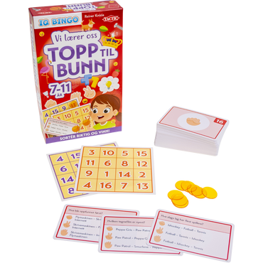 Brettspill Vi lærer oss topp til bunn eske med bingobrett, oppgavekort og brikker liggende foran