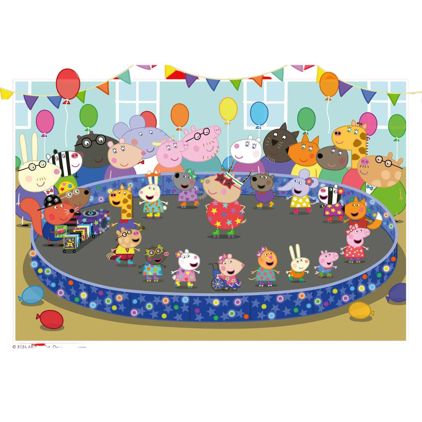 Peppa Gris og venner illustrasjon med kake og festlige aktiviteter