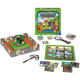 Spillbrettet, spillkort og utstyr til Minecraft Builders & Biomes junior, med spillets eske i bakgrunnen.
