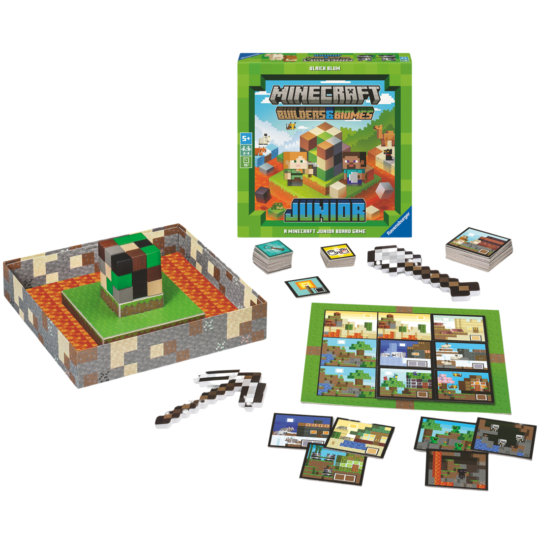 Spillbrettet, spillkort og utstyr til Minecraft Builders & Biomes junior, med spillets eske i bakgrunnen.