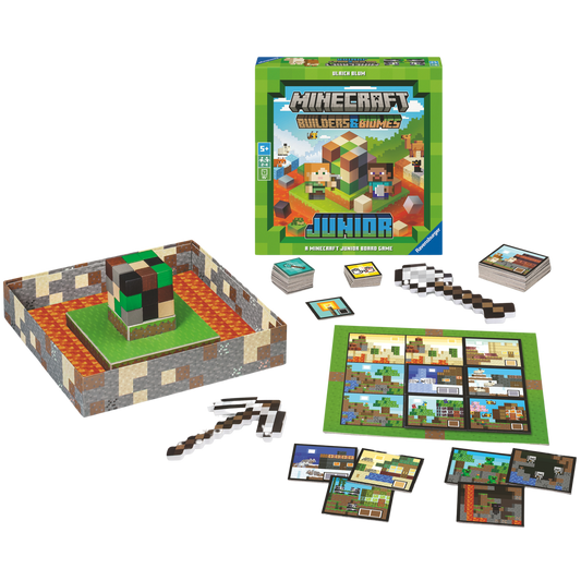 Spillbrettet, spillkort og utstyr til Minecraft Builders & Biomes junior, med spillets eske i bakgrunnen.